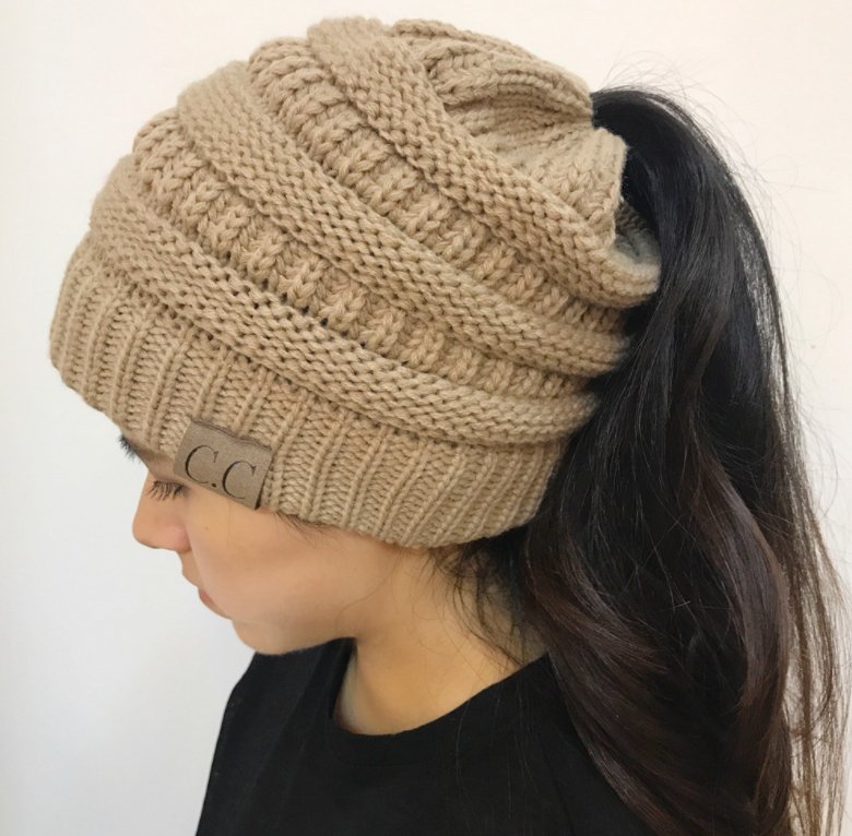 High Bun Ponytail Beanie Hat Chunky Soft Stretch Cable Knit Warm Fuzzy Lined Skull Beanie Acrylic Hats Men And Women - SANTARELLA