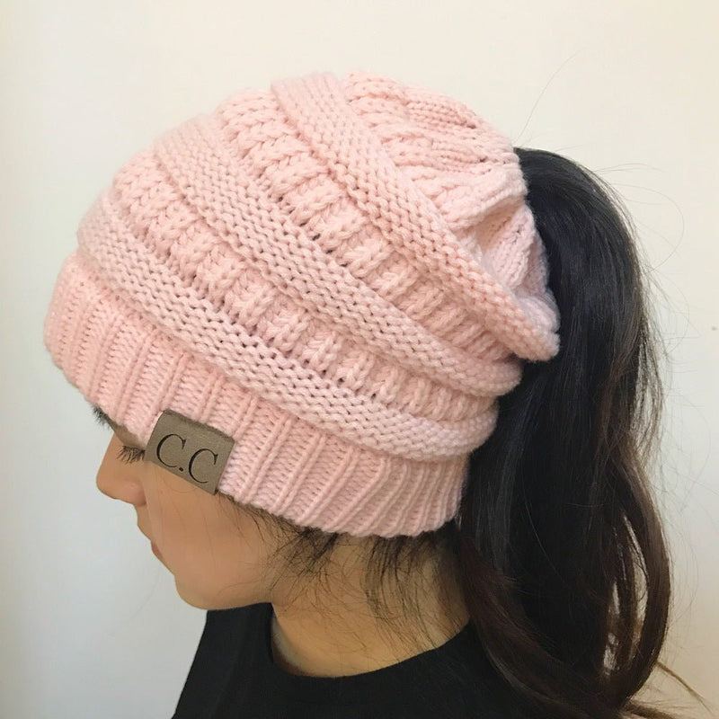 High Bun Ponytail Beanie Hat Chunky Soft Stretch Cable Knit Warm Fuzzy Lined Skull Beanie Acrylic Hats Men And Women - SANTARELLA