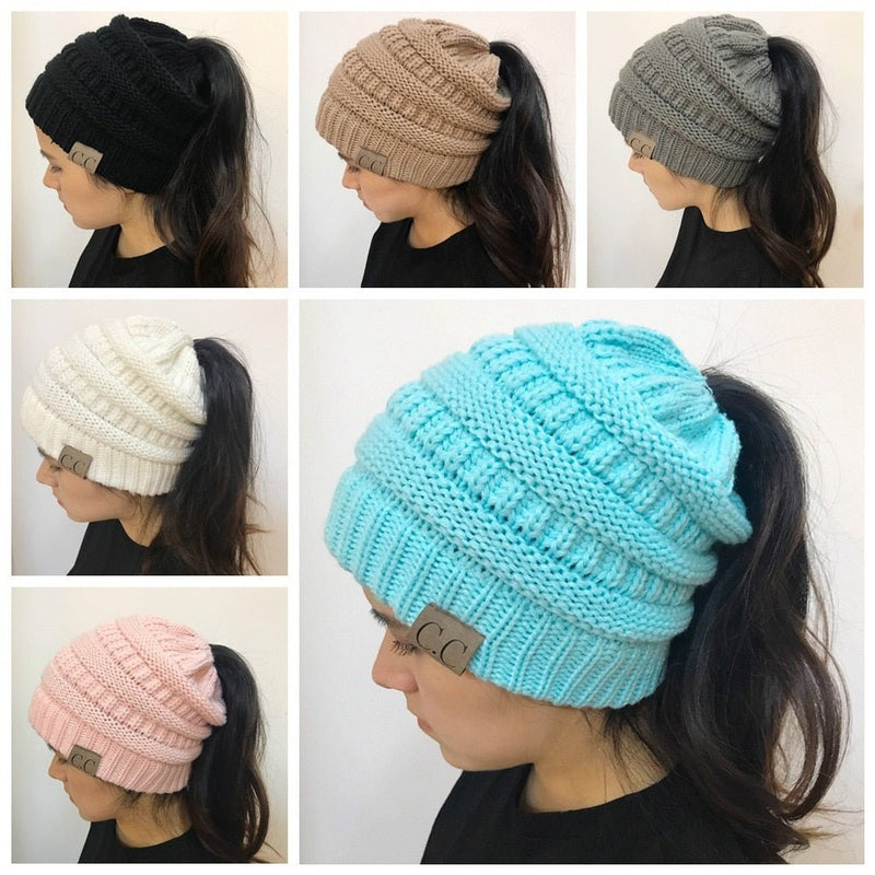 High Bun Ponytail Beanie Hat Chunky Soft Stretch Cable Knit Warm Fuzzy Lined Skull Beanie Acrylic Hats Men And Women - SANTARELLA