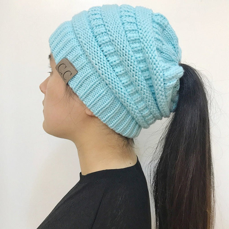 High Bun Ponytail Beanie Hat Chunky Soft Stretch Cable Knit Warm Fuzzy Lined Skull Beanie Acrylic Hats Men And Women - SANTARELLA