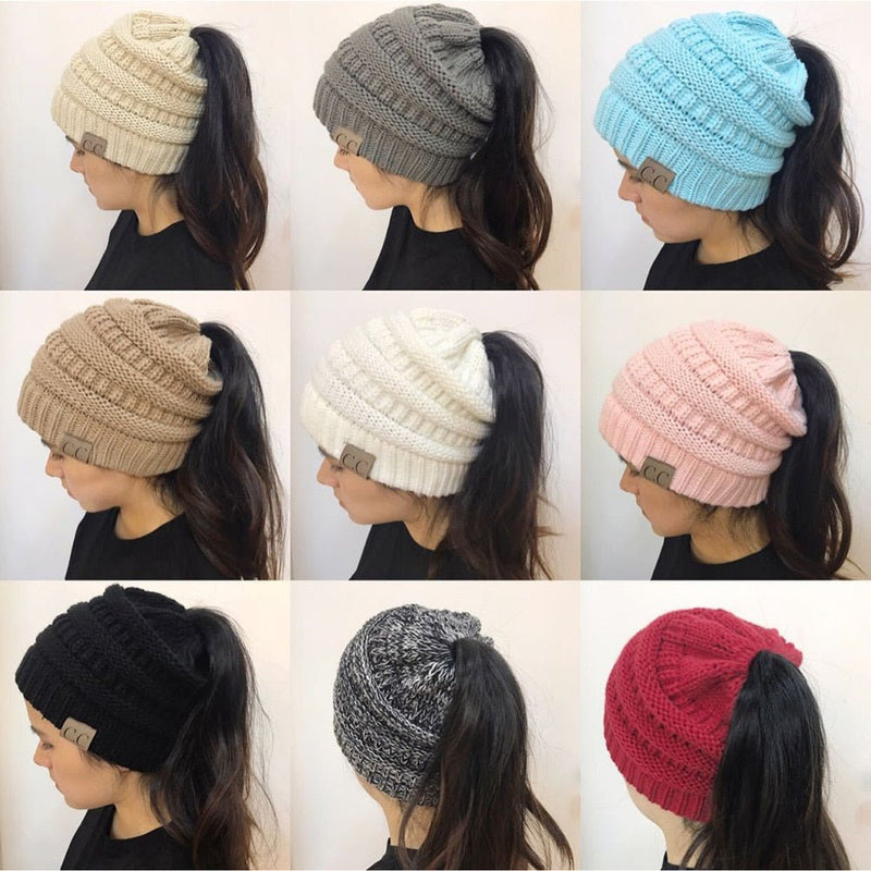 High Bun Ponytail Beanie Hat Chunky Soft Stretch Cable Knit Warm Fuzzy Lined Skull Beanie Acrylic Hats Men And Women - SANTARELLA