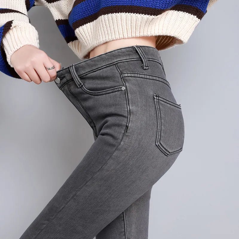 Jeans Thermal Winter Snow Warm Plush Stretch Jeans Lady Skinny Thicken Students Denim Pants Fleece Mom Fur Trousers - SANTARELLA