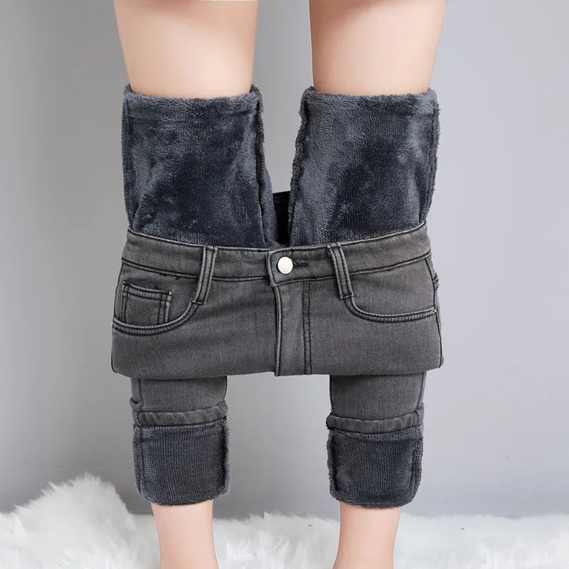 Jeans Thermal Winter Snow Warm Plush Stretch Jeans Lady Skinny Thicken Students Denim Pants Fleece Mom Fur Trousers - SANTARELLA