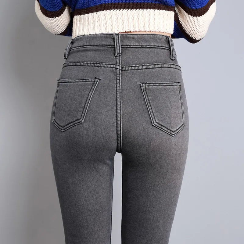 Jeans Thermal Winter Snow Warm Plush Stretch Jeans Lady Skinny Thicken Students Denim Pants Fleece Mom Fur Trousers - SANTARELLA