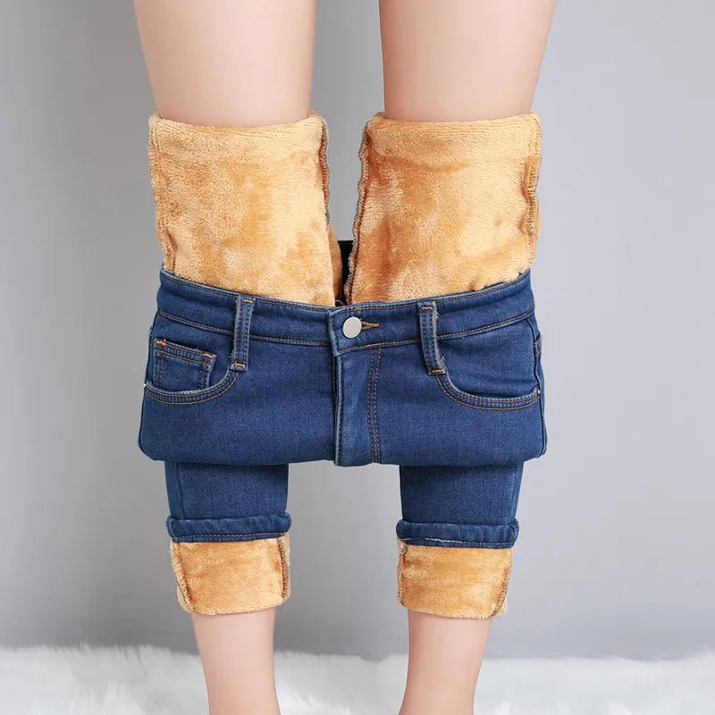 Jeans Thermal Winter Snow Warm Plush Stretch Jeans Lady Skinny Thicken Students Denim Pants Fleece Mom Fur Trousers - SANTARELLA