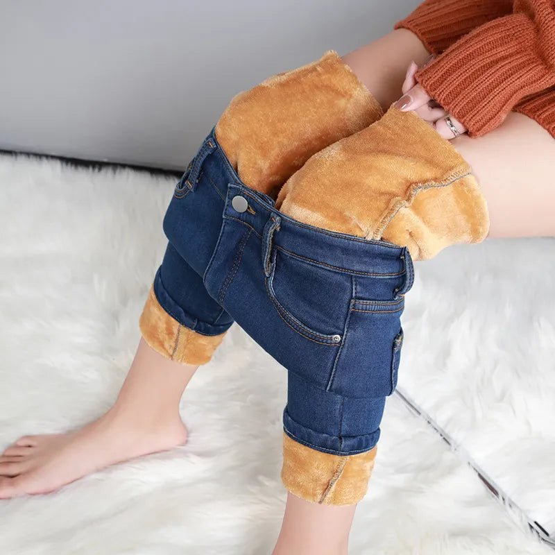 Jeans Thermal Winter Snow Warm Plush Stretch Jeans Lady Skinny Thicken Students Denim Pants Fleece Mom Fur Trousers - SANTARELLA