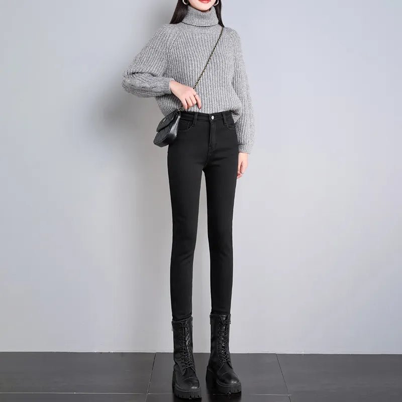 Jeans Thermal Winter Snow Warm Plush Stretch Jeans Lady Skinny Thicken Students Denim Pants Fleece Mom Fur Trousers - SANTARELLA