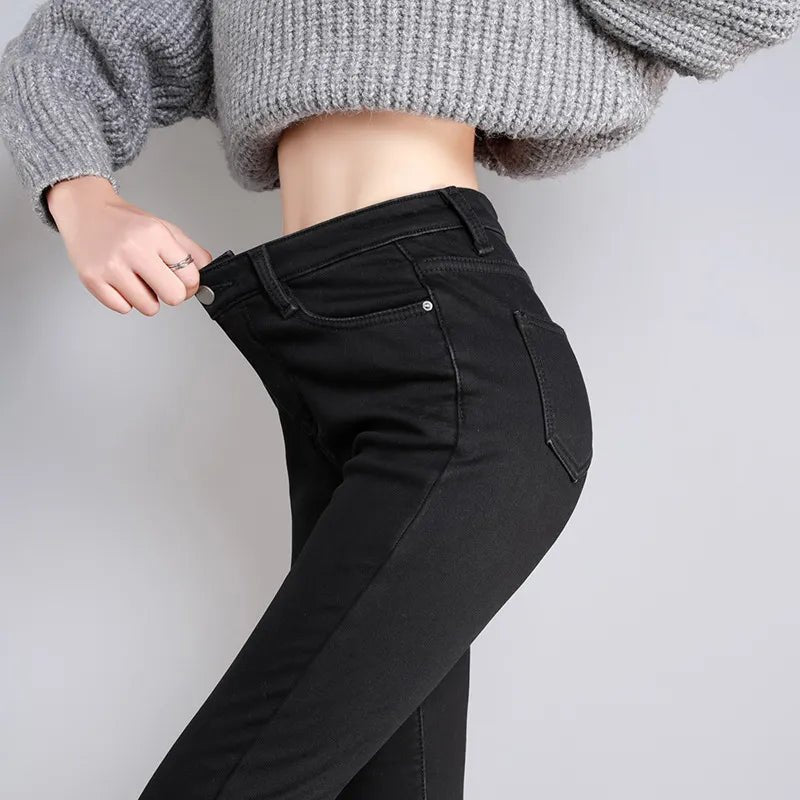 Jeans Thermal Winter Snow Warm Plush Stretch Jeans Lady Skinny Thicken Students Denim Pants Fleece Mom Fur Trousers - SANTARELLA