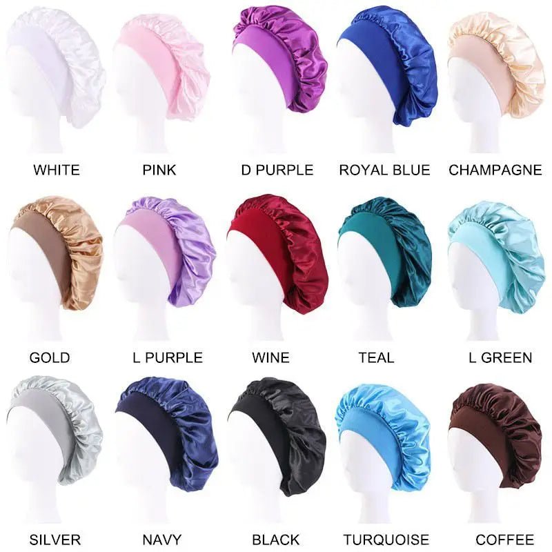 New Women's Satin Solid Wide-brimmed Sleeping Hat Unisex Head Wrap Elastic Band Cap Hair Care Bonnet Night Hat bonnet de nuit - SANTARELLA