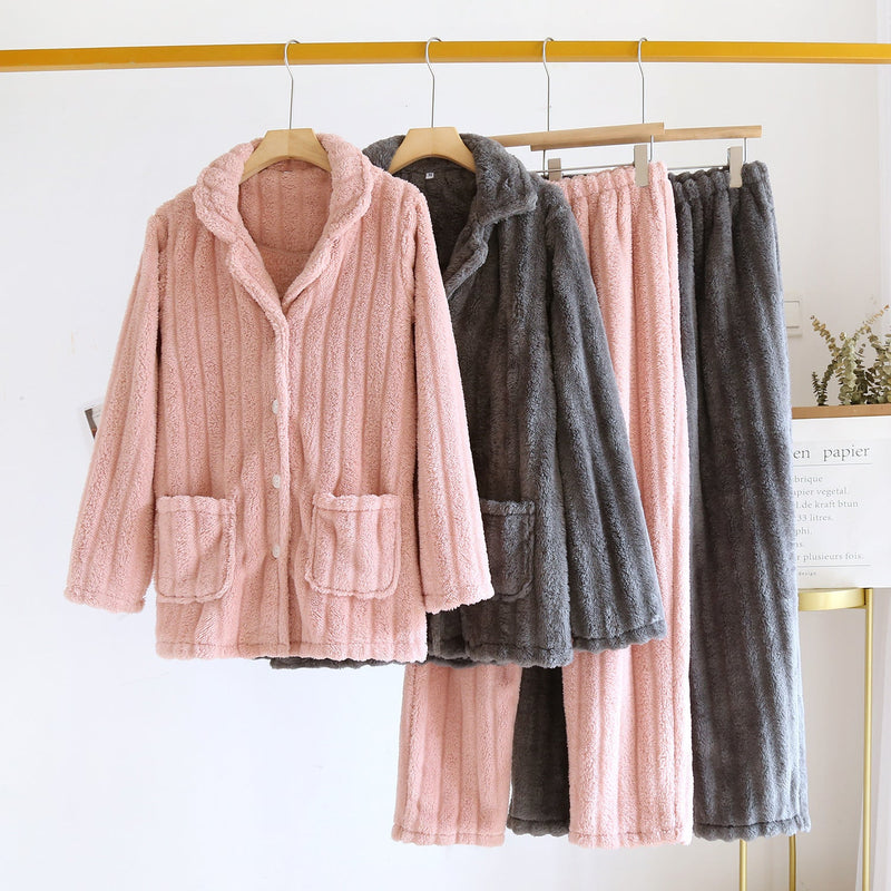 Simple Coral Fleece Couple Pajamas For Women Autumn And Winter - SANTARELLA