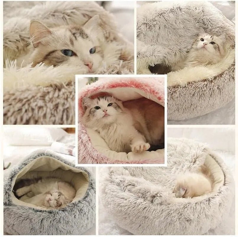 Soft Plush Pet Bed with Cover Round Cat Bed Pet Mattress Warm Cat Dog 2 in 1 Sleeping Nest Cave for Small Dogs - SANTARELLA