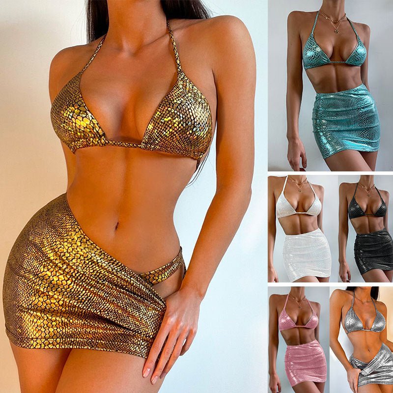 Women's 3 Piece Bathing Suits Halter Snake Pattern Bikini Set With Cover Up Skirt Summer Swimsuit - SANTARELLA