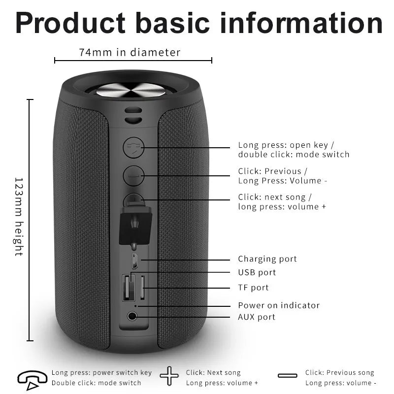 ZEALOT S32 Portable Wireless Speaker Subwoofer Stereo Waterproof Powerful Column Outdoor Speakers Boom Box TF Card & AUX Audio - SANTARELLA